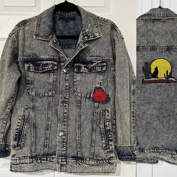 Embroidered Patch Vintage Style Acid Wash Denim Jacket - Picture 1 of 6